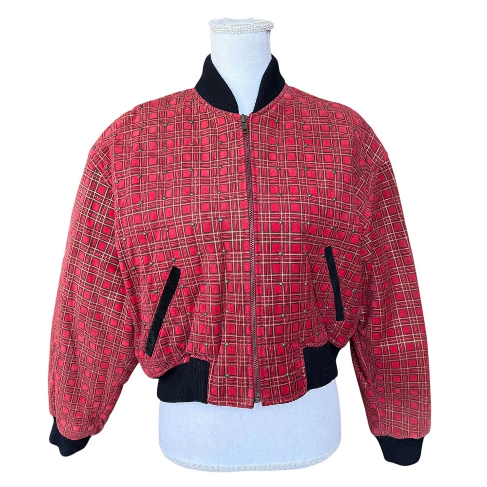 Vintage Red Plaid Studded Leather Bomber Jacket Womens Medium Full Zip Varsity